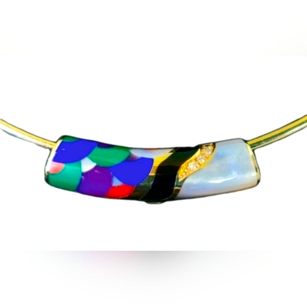 14K Gold Multi Gemstone Inlay Omega Necklace Asch Grossbard Designer Statement